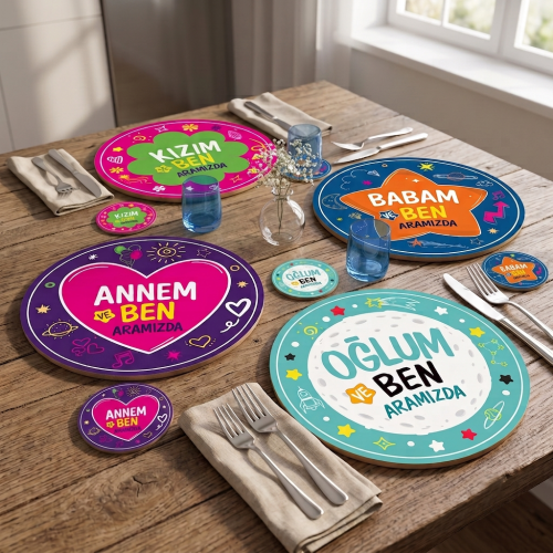 Aramızda 30cm Supla ve 9cm Bardak Altlığı Seti UV Baskı MDF