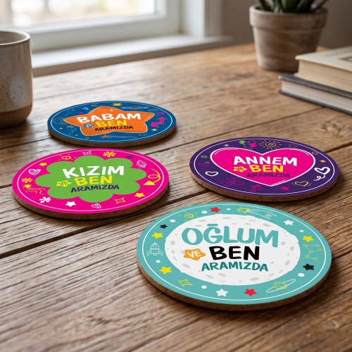 Aramızda 4'lü Bardak Altlığı Seti UV Baskı 9 cm MDF