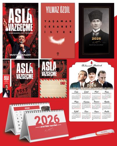 Asla Vazgeçme - Ayraç - Kartpostal - Poster - Yaşamak Cesaret İster -  2026 Ajanda Kalpaklı - Ata Ahşap Duvar Takvimi - Masa Takvimi