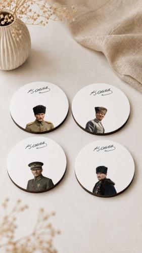 Atatürk Bardak Altlığı 4'lü Set 9 cm, 3 mm MDF, UV Baskı, Dekoratif