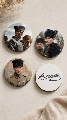 Atatürk Bardak Altlığı 4'lü Set 9 cm, 3 mm MDF, UV Baskı, Dekoratif Bardak Altlık