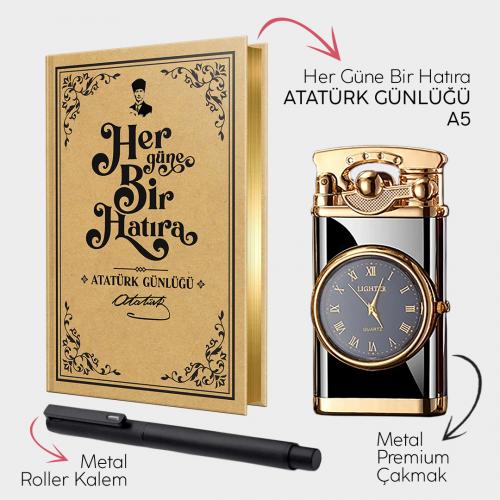 Atatürk Günlüğü A5 - Retro Piano Black Saatli Çakmak - Metal Roller Kalem