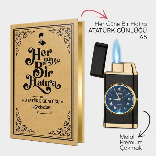 Atatürk Günlüğü A5 ve Mat Siyah Saatli Çakmak