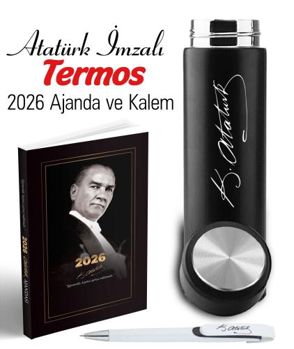 Atatürk İmza Baskılı Termos ve 2026 Atatürk Ajanda - Ayraç - Kartp