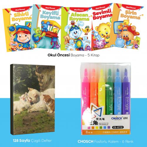 Beşli Boyama Kitabı - Fosforlu Kalem CS-H712 - Kedi Ailesi Kediler Defter