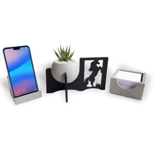 Beton Ofis Seti - Telefon ve Kartvizitlik, Standlı Küre Beton Saksı, B