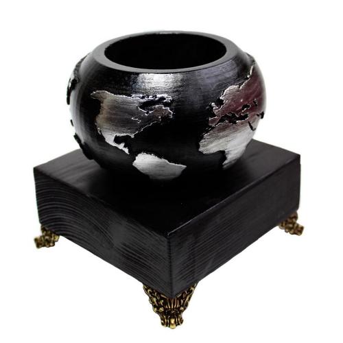 Büyük Dünya Beton Saksı Siyah Gümüş , Metal Ayaklı Ahşap Stand - Halkk