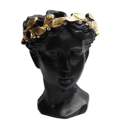 Büyük Helen Beton Saksı, Siyah Altın Varak Taçlı, Kristal Taşlı - Halk