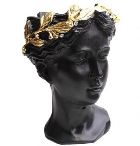 Büyük Helen Beton Saksı, Siyah Altın Varak Taçlı, Kristal Taşlı - Halk