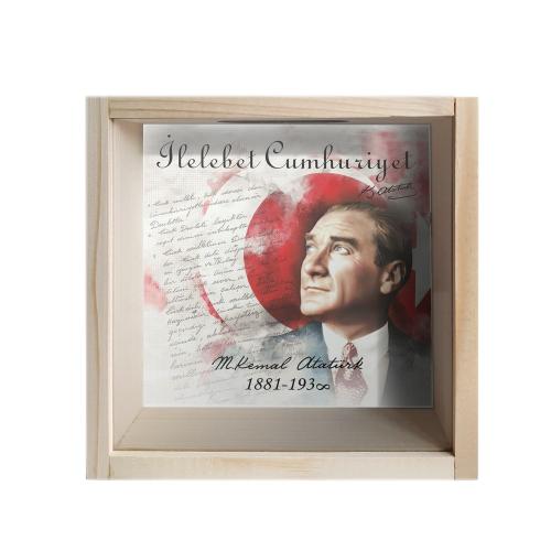Camlı Ahşap Kumbara Atatürk İlelebet Cumhuriyet - Ham Ahşap