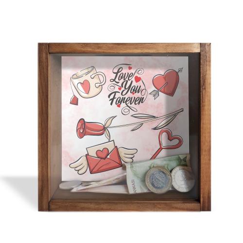 Camlı Ahşap Kumbara İ love Forever Sevgililer Günü Objeleri