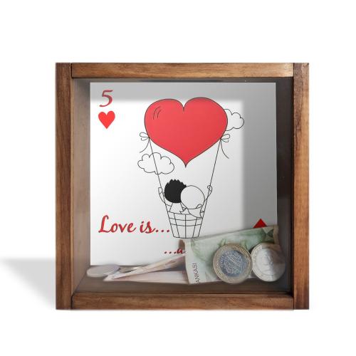 Camlı Ahşap Kumbara Love is A Journey