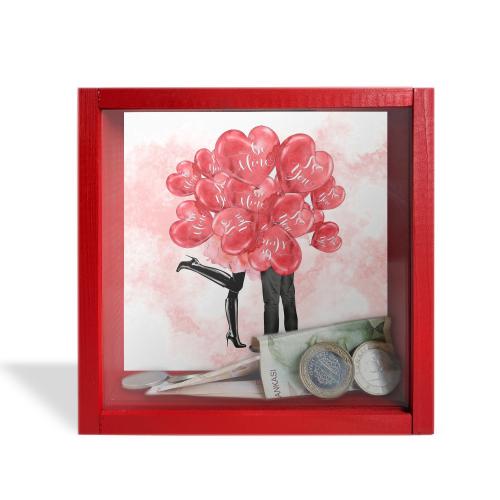 Camlı Ahşap Kumbara Love "Kırmızı"