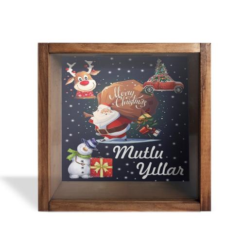 Camlı Ahşap Kumbara Mutlu Yıllar