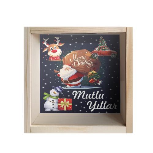 Camlı Ahşap Kumbara Mutlu Yıllar - Ham Ahşap