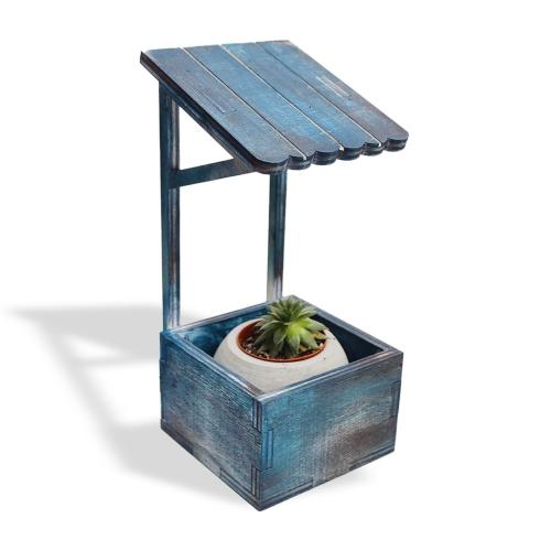 Çatılı Dekoratif Beton Saksı Standı, Mavi Eskitme Desenli - Halkkitabe