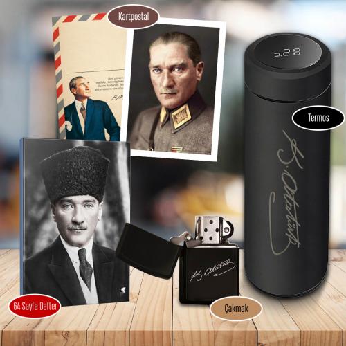 Dereceli Atatürk İmzalı Termos - 64 Sayfa Trablusgarp Atatürk Defter - Kartpostal ve Benzinli Çakmak