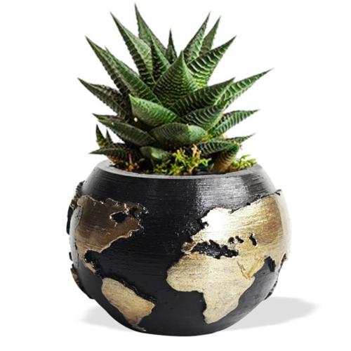 Dünya Desenli Beton Saksı Siyah Altın Varaklı Küçük Boy