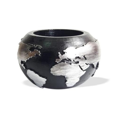 Dünya Desenli Beton Saksı Siyah Gümüş Büyük Boy