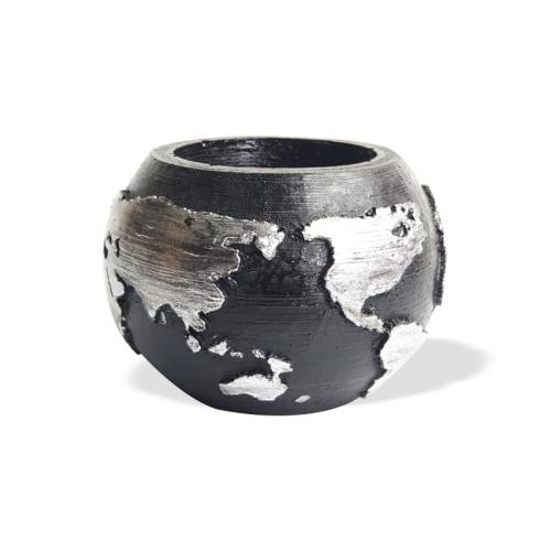 Dünya Desenli Beton Saksı Siyah Gümüş Küçük Boy
