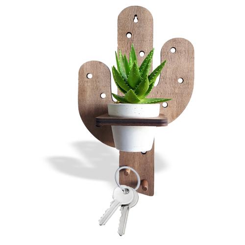 Beton Saksılı Kaktüs Desenli Ahşap Anahtarlık