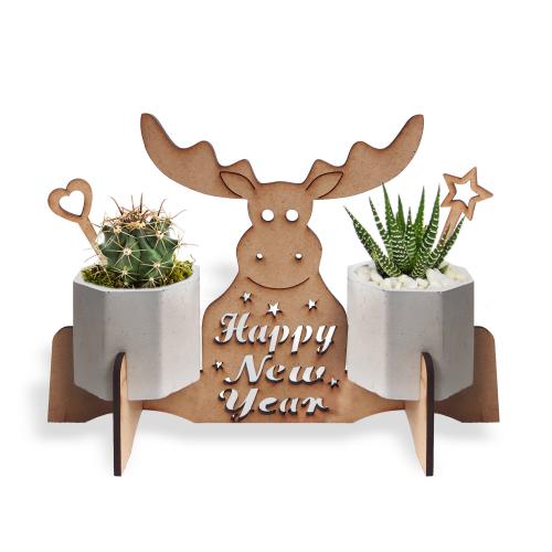 Beton Saksılı Sevimli Geyik Desenli Ahşap Stand - Halkkitabevi