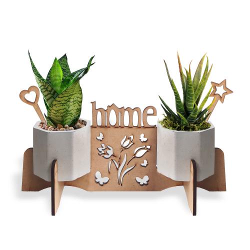 Beton Saksılı Home Yazılı Ahşap Stand