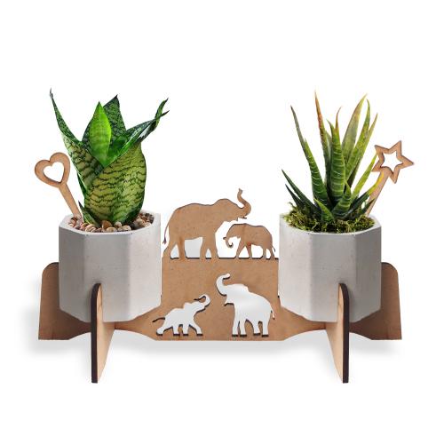 Beton Saksılı Yavrulu Fil Desenli Ahşap Stand