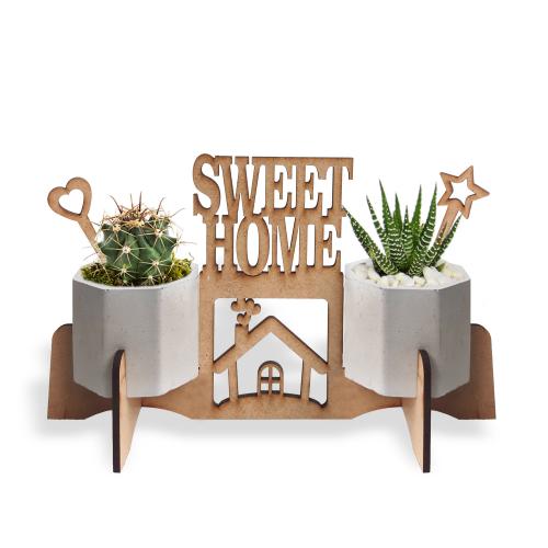 Beton Saksılı Sweet Home Yazılı Ahşap Stand - Halkkitabevi