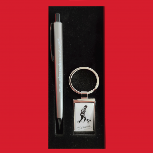 İkili Cumhuriyet Fazilettir Kalem Seti - Gri Tükenmez Kalem ve Anahtarlık