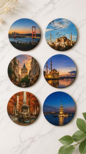 İstanbul Bardak Altlığı 6'lı Set 9 cm, 3 mm MDF, UV Baskı, Dekoratif Bardak Altlık