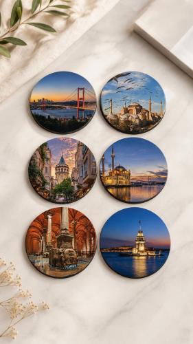 İstanbul Bardak Altlığı 6'lı Set 9 cm, 3 mm MDF, UV Baskı, Dekoratif