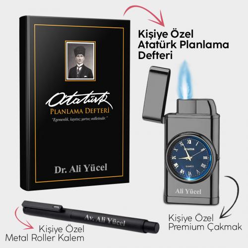 Kişiye Özel - Kalpaklı Siyah Planlama Defteri  - Piano Black Saatli Çakmak - Metal Roller Kalem