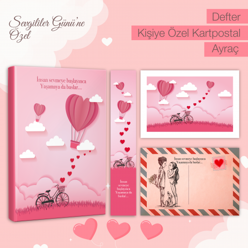 Kişiye Özel Kartpostallı Hediye Seti - Pembe Gökyüzü 128 Sayfa Defter 1 Kartpostal 1 Ayraç