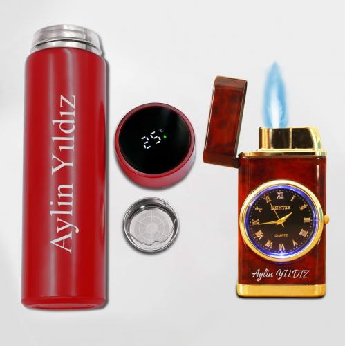 Kişiye Özel Kırmızı Dereceli Termos ve Ahşap Görünümlü Saatli C