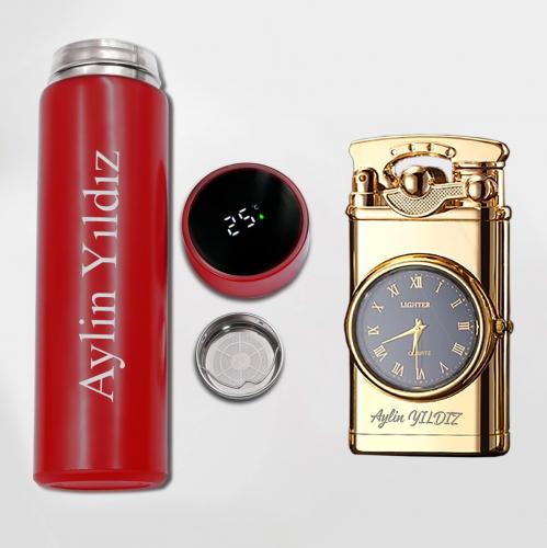 Kişiye Özel Kırmızı Dereceli Termos ve Retro Gold Saatli Çakmak - H