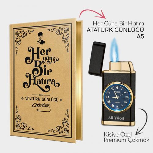 Kişiye Özel - Mat Siyah Saatli Çakmak ve Atatürk Günlüğü A5
