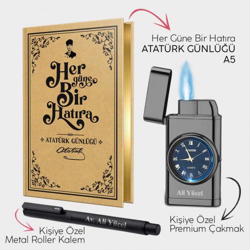 Kişiye Özel - Piano Black Saatli Çakmak - Metal Roller Kalem ve Atatürk Günlüğü A5