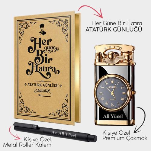 Kişiye Özel - Retro Piano Black Saatli Çakmak - Metal Roller Kalem ve 