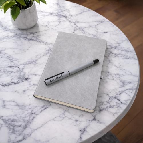 Kişiye Özel Soft Deri Defter ve Roller Rubber Kalem - Gri 