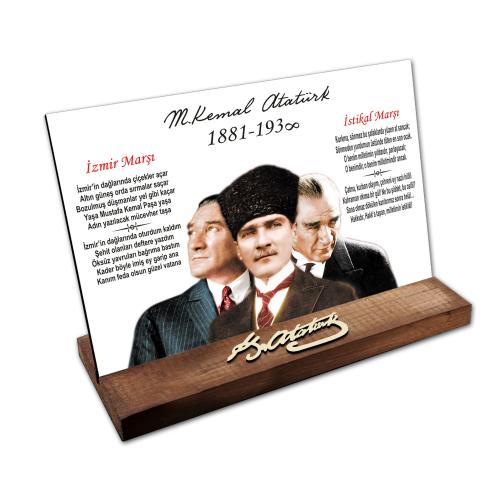 Masaüstü Ahşap Tablo - Atatürk İmzalı ve Resimli Model 9