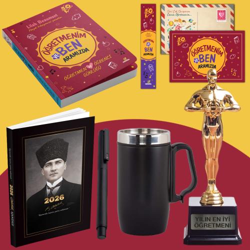 Öğretmenim ve Ben Aramızda - Oscar Heykeli - Kulplu Termos - Kalpaklı 2026 Atatürk Ajandası ve Roller Kalem