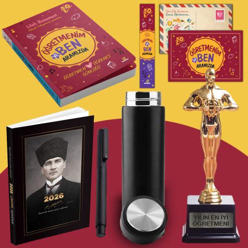 Öğretmenim ve Ben Aramızda - Oscar Heykeli - Termos - Kalpaklı 2026 Atatürk Ajandası ve Roller Kalem