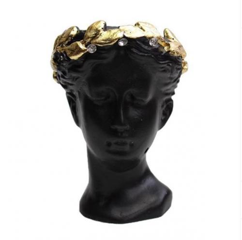 Orta Helen Beton Saksı, Siyah Altın Varak Taçlı, Kristal Taşlı - Halkk