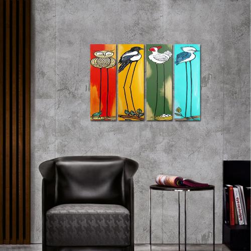 Renkli Kuş Baskılı 4'lü Ahşap Tablo Model 1 - Halkkitabevi