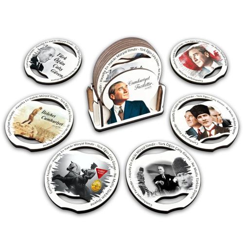 Renkli Uv Baskılı Ahşap Kutulu 6'lı Bardak Altı - Atatürk Resimli - Ha