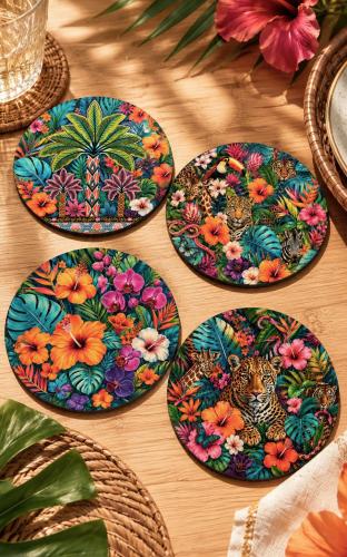 Safari Bardak Altlığı 4'lü Set 9 cm, 3 mm MDF, UV Baskı, Dekoratif Bardak Altlık