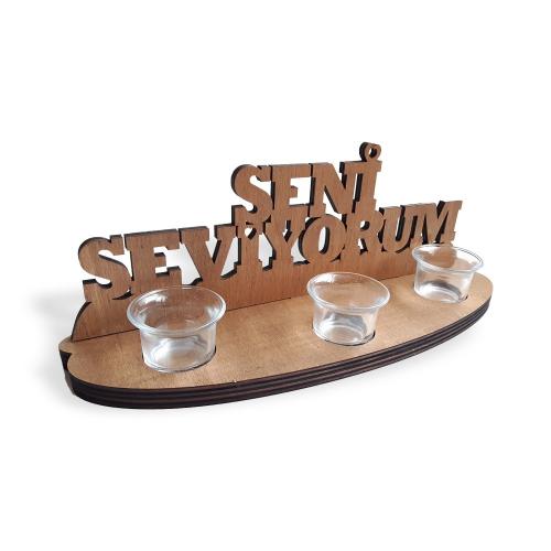 Seni Seviyorum Ahşap Stand, Oval Ayaklı 3'lü Cam T-Light'lı - Halkkita