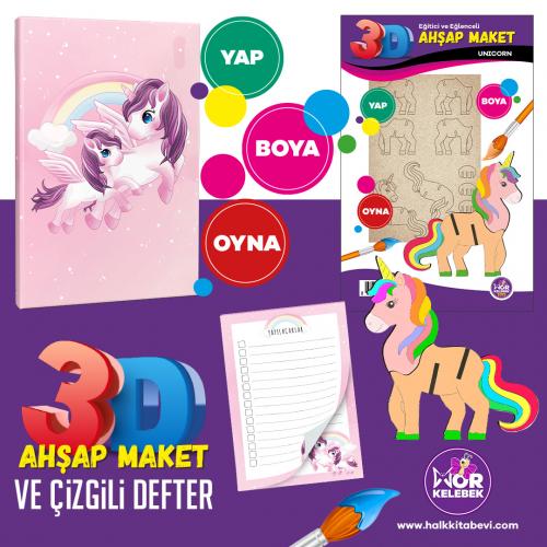 Unicorn Ahşap Maket - Çizgili Defter ve Bloknot Seti -1