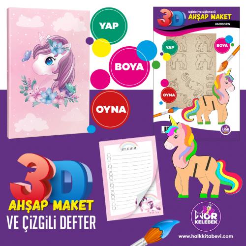 Unicorn Ahşap Maket - Çizgili Defter ve Bloknot Seti -4
